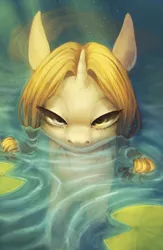 Size: 2600x4000 | Tagged: safe, artist:shedence, derpibooru import, oc, unofficial characters only, pony, unicorn, floating, heterochromia, lidded eyes, lilypad, looking at you, ophelia, partially submerged, ripples, semi-realistic, solo, swimming, underwater, water, water lily