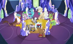 Size: 1380x832 | Tagged: safe, artist:3d4d, derpibooru import, gimme moore, mayor mare, princess ember, spike, temple chant, zecora, changedling, changeling, dragon, gryphon, zebra, to where and back again, hat, newsboy hat, twilight's castle