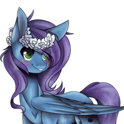 Size: 2000x2000 | Tagged: safe, artist:crimsonnight888, derpibooru import, oc, oc:liquid harmony, unofficial characters only, pegasus, pony, blushing, floral head wreath, flower, grin, simple background, smiling, solo, transparent background