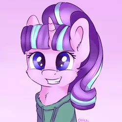 Size: 2100x2100 | Tagged: safe, artist:dbleki, derpibooru import, starlight glimmer, pony, unicorn, bust, cheek fluff, chest fluff, clothes, cute, ear fluff, female, fluffy, fluffyball, glimmerbetes, gradient background, hoodie, mare, portrait, smiling, solo