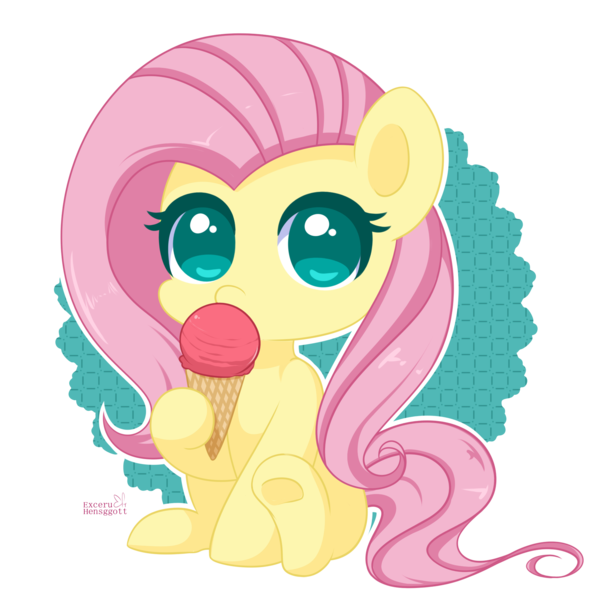 Size: 600x600 | Tagged: artist:exceru-karina, chibi, cute, derpibooru import, eating, fluttershy, food, hoof hold, ice cream, ice cream cone, looking at you, safe, shyabetes, simple background, sitting, solo, transparent background