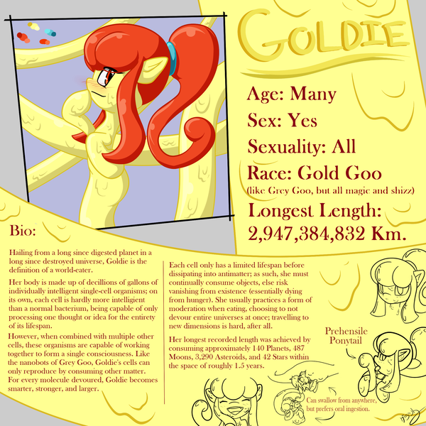 Size: 2000x2000 | Tagged: absorption, artist:oakenchi, bio, character bio, derpibooru import, fetish, goo pony, lamia, oc, oc:goldie, original species, pony bigger than a planet, questionable, reference sheet, slimia, unofficial characters only, vore