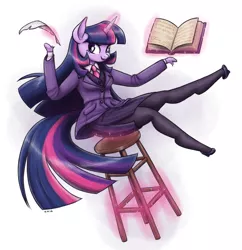 Size: 1280x1321 | Tagged: safe, artist:king-kakapo, derpibooru import, twilight sparkle, anthro, unguligrade anthro, unicorn, arm hooves, book, clothes, female, floating, glowing horn, high heels, looking at you, magic, open mouth, pantyhose, quill, shoes, side slit, simple background, skirt, skirt suit, smiling, solo, suit, three piece suit, white background