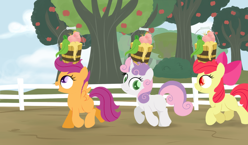 Size: 2400x1400 | Tagged: safe, artist:dtcx97, derpibooru import, apple bloom, scootaloo, sweetie belle, the show stoppers, apple tree, bucket, cutie mark crusaders, head carry, pig food, redraw, scene interpretation, tree