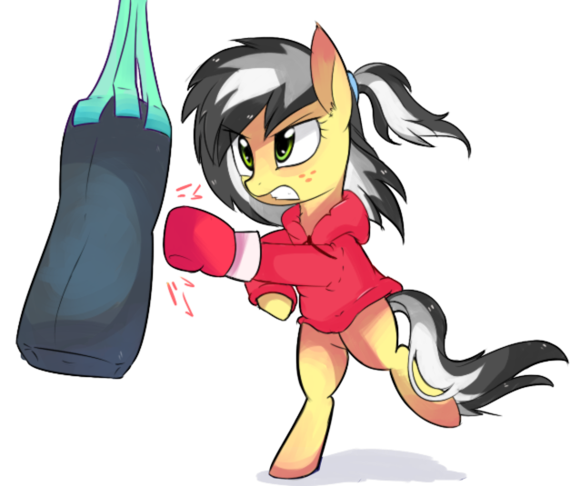 Size: 627x535 | Tagged: safe, artist:aureai, derpibooru import, oc, oc:uppercute, unofficial characters only, earth pony, pony, angry, bipedal, boxing, boxing glove, clothes, punching bag, simple background, solo, transparent background