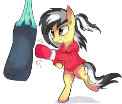Size: 627x535 | Tagged: safe, artist:aureai, derpibooru import, oc, oc:uppercute, unofficial characters only, earth pony, pony, angry, bipedal, boxing, boxing glove, clothes, punching bag, simple background, solo, transparent background
