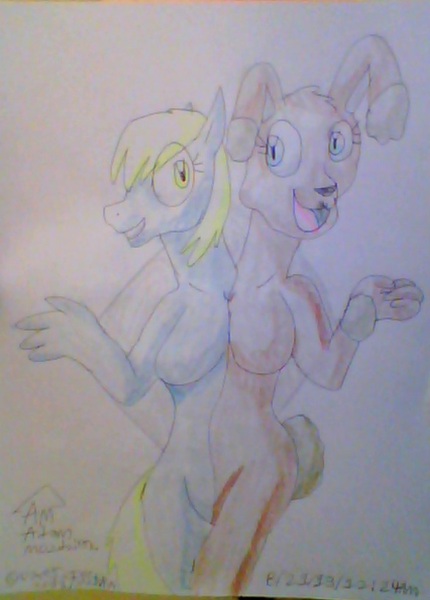 Size: 734x1023 | Tagged: anthro, artist:mojo1985, barbie doll anatomy, breasts, buneary, conjoined, derpibooru import, derpy hooves, featureless breasts, featureless crotch, female, multiple heads, pokémon, suggestive, traditional art, two heads