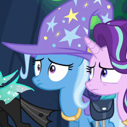 Size: 510x510 | Tagged: safe, derpibooru import, screencap, starlight glimmer, thorax, trixie, changeling, pony, unicorn, to where and back again, animated, bag, blinking, female, gif, mare, solo focus, trixie's hat, worried