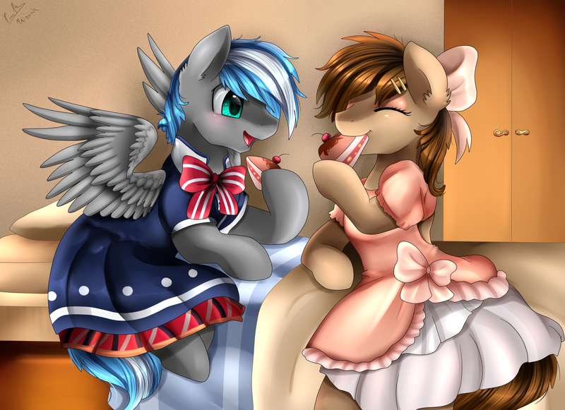 Size: 3509x2550 | Tagged: safe, artist:pridark, derpibooru import, oc, oc:cloud zapper, oc:snapple, unofficial characters only, earth pony, pegasus, pony, cake, clothes, commission, crossdressing, dessert, dress, duo, eating, food, male, stallion