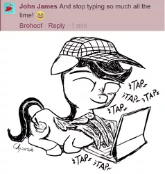 Size: 1500x1578 | Tagged: safe, artist:chopsticks, derpibooru import, oc, oc:chopsticks, unofficial characters only, pony, black and white, computer, cutie mark, facebook, grayscale, hat, laptop computer, lying down, male, monochrome, ponyhoof, ponysona, reply art, smiling, solo, stallion, text, typing, wing hands