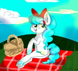 Size: 1024x939 | Tagged: safe, artist:oreomonsterr, derpibooru import, oc, oc:fluffy mane, unofficial characters only, earth pony, pony, basket, bedroom eyes, picnic, picnic basket, picnic blanket, solo, watermark