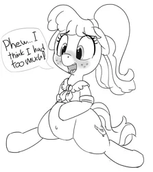 Size: 1280x1434 | Tagged: safe, artist:pabbley, derpibooru import, chickadee, ms. peachbottom, earth pony, pony, belly, belly button, blushing, dialogue, fat, floppy ears, food baby, grayscale, monochrome, open mouth, simple background, solo, white background