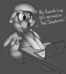 Size: 1280x1429 | Tagged: safe, artist:pabbley, derpibooru import, derpy hooves, pegasus, pony, derpibooru, computer, dialogue, female, floppy ears, grayscale, implied porn, laptop computer, mare, meta, monochrome, open mouth, simple background, sitting, solo, spread wings, this will not end well, understatement