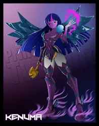 Size: 1817x2313 | Tagged: safe, artist:kenuma, derpibooru import, spike, twilight sparkle, equestria girls, armor, crystal wings, glowing hands, magic, saint seiya, scepter, solo, twilight scepter