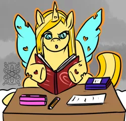 Size: 936x898 | Tagged: artist:sapphirus, book, changeling, changeling oc, commission, derpibooru import, female, mare, :o, oc, oc:glimmermelody, open mouth, pencil, reading, safe, solo, studying, unofficial characters only, yellow changeling