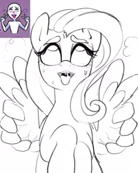 Size: 1280x1600 | Tagged: suggestive, artist:kinkypinkie, derpibooru import, fluttershy, ahegao, ahego meme, blushing, drool, female, implied sex, open mouth, orgasm, peace sign, sketch, solo, solo female, sweat, tongue out, wing hands