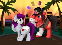 Size: 3509x2550 | Tagged: safe, artist:pridark, derpibooru import, oc, oc:casino royale, oc:sleight lock, unofficial characters only, earth pony, pony, unicorn, card, city, clothes, commission, hat, magic, palm tree, plot, swimsuit, tree