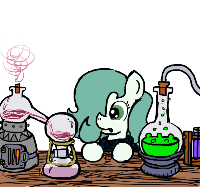 Size: 640x600 | Tagged: safe, artist:ficficponyfic, color edit, derpibooru import, edit, oc, oc:emerald jewel, unofficial characters only, earth pony, pony, colt quest, alchemy, bandana, boiling water, chemicals, chemistry, child, color, colored, colt, cork, flask, florence flask, fluids, foal, hair over one eye, male, monochrome, solo, steam, table, tube