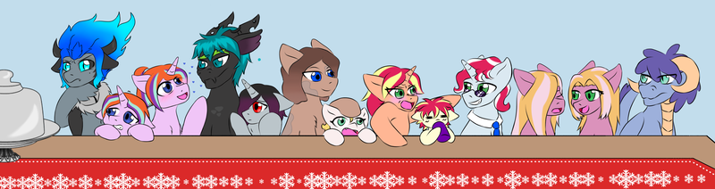 Size: 4096x1087 | Tagged: safe, artist:jolliapplegirl, derpibooru import, oc, oc:acheron, oc:chocolate cheesecake, oc:finesse, oc:honey brie, oc:illusive spark, oc:lapis hondo lazuli, oc:olive branch, oc:stardust, oc:sun flare, unofficial characters only, dracony, earth pony, hybrid, pony, unicorn, absurd resolution, adopted offspring, changeling oc, interspecies offspring, magical gay spawn, next generation, offspring, parent:amber leaf, parent:applejack, parent:big macintosh, parent:cheerilee, parent:cheese sandwich, parent:flam, parent:flim, parent:fluttershy, parent:king sombra, parent:lord tirek, parent:photo finish, parent:pinkie pie, parent:rarity, parent:spike, parent:starlight glimmer, parent:sunburst, parent:thorax, parent:unnamed oc, parents:canon x oc, parents:cheerimac, parents:cheesepie, parents:flamfinish, parents:flimjack, parents:starburst, parents:thoraxspike