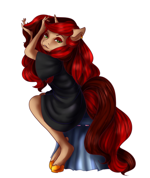 Size: 2542x3000 | Tagged: safe, artist:rosewend, derpibooru import, oc, oc:redlight district, unofficial characters only, anthro, unguligrade anthro, unicorn, anthro oc, clothes, getting ready, glamourous, gold hooves, red mane, red tail, robe, seductive, sexy, solo