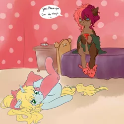 Size: 3000x3000 | Tagged: annoyed, artist:rosewend, bedroom, bff, blonde mane, blond tail, blue coat, brown coat, bunny slippers, clothes, derpibooru import, multicolored hair, oc, oc:ruef, oc:sophie, safe, sitting, slippers, speech bubble, stockings, unofficial characters only