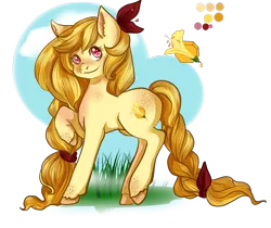 Size: 1105x930 | Tagged: artist:rosewend, blonde mane, blonde tail, derpibooru import, earth horse, flower theme, oc, oc:honey speckle, reference sheet, safe, solo, unofficial characters only, yellow coat, yellow mane, yellow tail