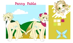 Size: 5000x3000 | Tagged: safe, artist:rosewend, derpibooru import, oc, oc:penny fable, unofficial characters only, earth pony, pony, absurd resolution, blonde mane, curly mane, markings, ponysona, reference sheet, solo, white coat, yellow coat