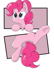 Size: 2480x3507 | Tagged: safe, artist:meowmavi, derpibooru import, pinkie pie, earth pony, pony, chest fluff, clinging, ear fluff, fourth wall, hanging, panel play, simple background, solo, transparent background