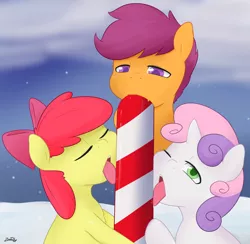 Size: 1230x1202 | Tagged: suggestive, artist:zoarity, derpibooru import, apple bloom, scootaloo, sweetie belle, adorasexy, bedroom eyes, bow, candy, candy cane, cute, cutie mark crusaders, eyes closed, foalcon, food, licking, looking at you, looking down, not porn, one eye closed, open mouth, sexy, suggestive eating, tongue out, wink