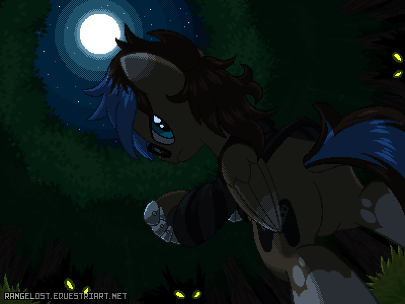 Size: 800x600 | Tagged: safe, artist:rangelost, derpibooru import, oc, oc:playthrough, unofficial characters only, pegasus, pony, timber wolf, bipedal, clothes, dutch angle, featureless crotch, fighting stance, forest, gauntlet, glasses, glowing eyes, image, looking at you, looking back, male, moon, night, perspective, pixel art, png, serious face, silhouette, solo, stallion, stars, surrounded