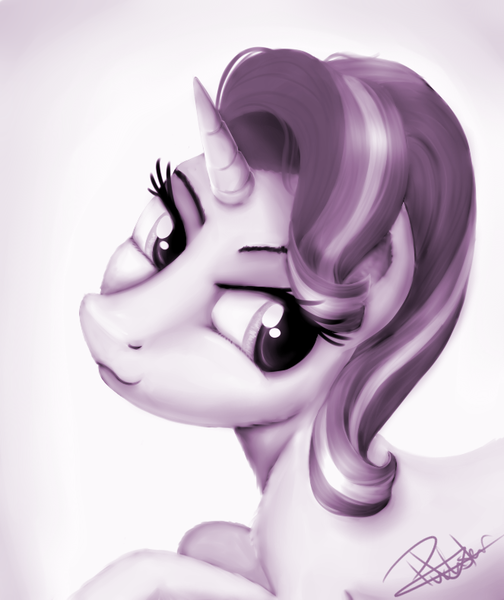 Size: 663x789 | Tagged: artist:pucksterv, derpibooru import, lidded eyes, monochrome, realistic, safe, smirk, solo, starlight glimmer