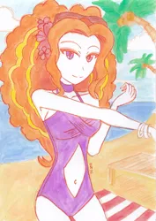 Size: 2468x3484 | Tagged: suggestive, artist:dragonemperror2810, derpibooru import, adagio dazzle, equestria girls, rainbow rocks, beach, beach towel, belly button, clothes, flower, flower in hair, looking at you, midriff, navel cutout, one-piece swimsuit, palm tree, smiling, solo, swimsuit, traditional art, tree