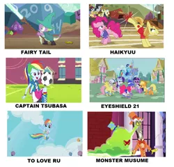 Size: 1024x981 | Tagged: safe, artist:brandonale, derpibooru import, screencap, applejack, braeburn, discord, fluttershy, pinkie pie, rainbow dash, rarity, smooze, spike, twilight sparkle, parasprite, buckball season, dungeons and discords, equestria girls, make new friends but keep discord, swarm of the century, anime, captain tsubasa, comparison chart, eyeshield 21, fairy tail, haikyuu, mane seven, mane six, meme, monster musume, to love ru