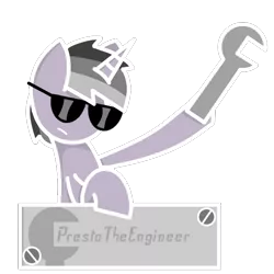 Size: 700x700 | Tagged: safe, artist:dragonluncher, derpibooru import, oc, oc:presto, unofficial characters only, pony, unicorn, logo, solo, sunglasses, wrench