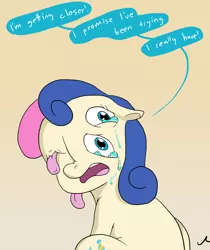 Size: 1220x1452 | Tagged: safe, artist:docwario, derpibooru import, bon bon, sweetie drops, adoracreepy, body horror, context is for the weak, creepy, cropped, crying, cute, dialogue, floppy ears, gradient background, nightmare fuel, nose wrinkle, open mouth, sad, sitting, solo, speech bubble, tongue out, wat, what has science done