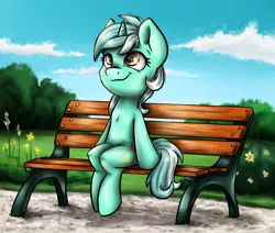 Size: 3035x2576 | Tagged: artist:gaelledragons, bench, cloud, derpibooru import, flower, grass, lyra heartstrings, meme, safe, sitting, sitting lyra, smiling, solo