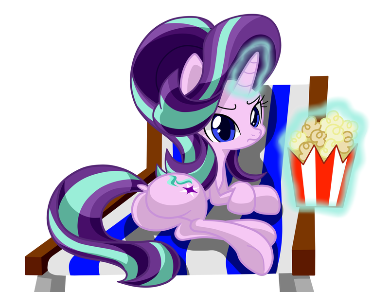 Size: 2549x1999 | Tagged: safe, artist:lovehtf421, derpibooru import, starlight glimmer, pony, unicorn, the crystalling, dock, food, magic, plot, popcorn, scene interpretation, simple background, solo, telekinesis, white background