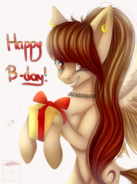 Size: 1024x1370 | Tagged: safe, artist:coralinatoilly, derpibooru import, oc, unofficial characters only, happy birthday, piercing, present, simple background, solo, white background