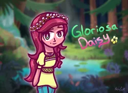 Size: 1377x1000 | Tagged: safe, artist:ponliestar, derpibooru import, gloriosa daisy, equestria girls, forest, lake, solo, waterfall