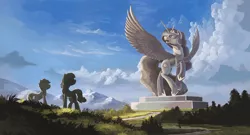 Size: 1850x1000 | Tagged: safe, artist:shamanguli, derpibooru import, princess celestia, alicorn, pony, cloud, female, grass, looking up, mare, open mouth, rearing, scenery, sky, spread wings, statue, tree