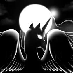 Size: 2400x2400 | Tagged: safe, artist:garucca415, derpibooru import, nightmare moon, princess luna, alicorn, pony, glowing eyes, grayscale, monochrome, moon, night, silhouette, solo