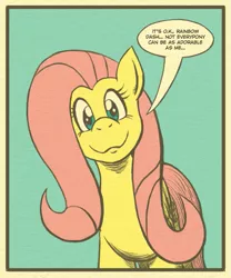 Size: 637x764 | Tagged: artist:regularmouseboy, comic, cute, derpibooru import, fluttershy, looking at you, old school, retro, safe, simple background, solo, speech bubble, vintage