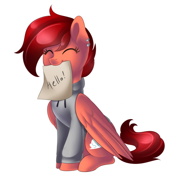 Size: 2478x2563 | Tagged: safe, artist:scarlet-spectrum, derpibooru import, oc, unofficial characters only, pegasus, pony, clothes, cute, eyes closed, female, mare, mouth hold, sign, simple background, solo, sweater, transparent background