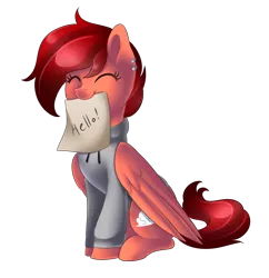 Size: 2478x2563 | Tagged: safe, artist:scarlet-spectrum, derpibooru import, oc, unofficial characters only, pegasus, pony, clothes, cute, eyes closed, female, mare, mouth hold, sign, simple background, solo, sweater, transparent background