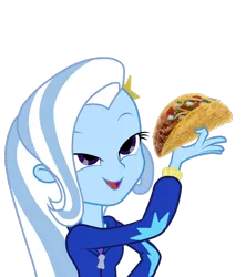 Size: 800x900 | Tagged: safe, artist:v4nn1, derpibooru import, trixie, equestria girls, exploitable meme, food, image macro, look what trixie found, meme, simple background, taco, transparent background, vector