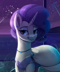 Size: 826x1000 | Tagged: safe, artist:rodrigues404, derpibooru import, rarity, pony, unicorn, alternate hairstyle, beautiful, clothes, dress, ear piercing, earring, female, fireworks, jewelry, looking at you, mare, night, piercing, smiling, solo, stars