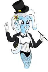 Size: 1024x1531 | Tagged: safe, artist:scootaluu, derpibooru import, trixie, equestria girls, bowtie, clothes, corset, deviantart watermark, fishnets, hat, leotard, magician outfit, obtrusive watermark, solo, top hat, watermark