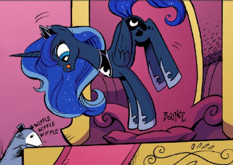 Size: 915x648 | Tagged: safe, artist:andypriceart, derpibooru import, idw, princess luna, tiberius, spoiler:comicm10, :q, bouncing, cute, licking, licking lips, lunabetes, majestic as fuck, pronking, smiling, sniffing, throne, tongue out