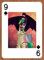 Size: 548x748 | Tagged: suggestive, artist:brianblackberry, derpibooru import, oc, oc:silent wish, unofficial characters only, anthro, bat pony, hybrid, anthro oc, armpits, card, mummy, playing card, shovel, solo, spade, spades, wing arms