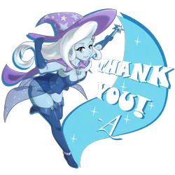 Size: 1250x1250 | Tagged: suggestive, artist:acesrockz, derpibooru import, trixie, equestria girls, boots, breasts, cleavage, clothes, exclamation point, female, leotard, looking at you, magician outfit, smiling, solo, solo female, thank you, thigh boots, trixie's cape, trixie's hat